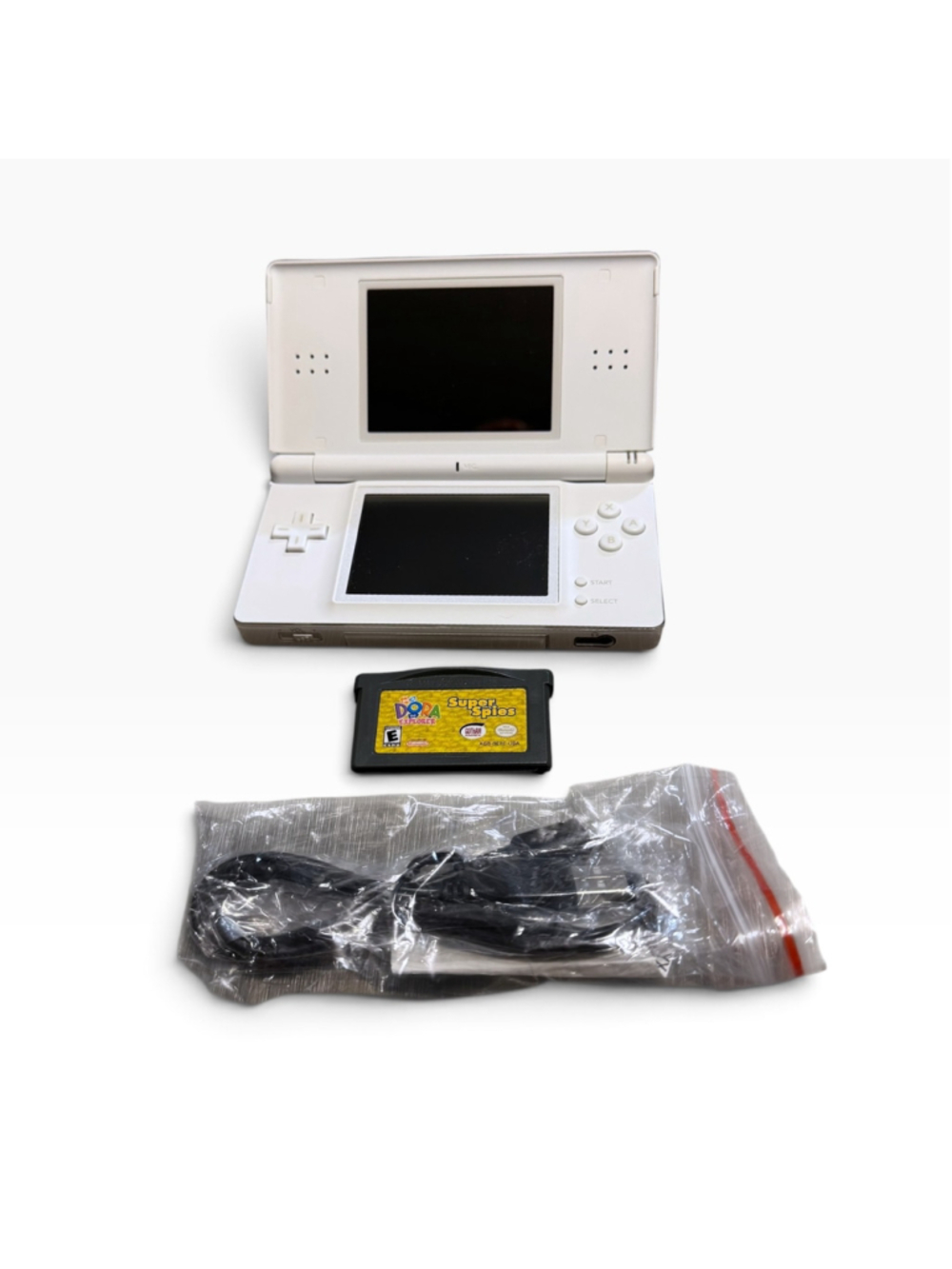 Nintendo DS Lite Handheld Console White with Dora Super Spies Game Bundle Lot